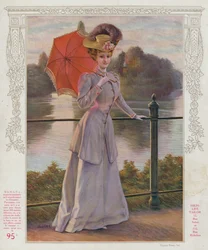 Vrouw in lange paarse jurk, met parasol